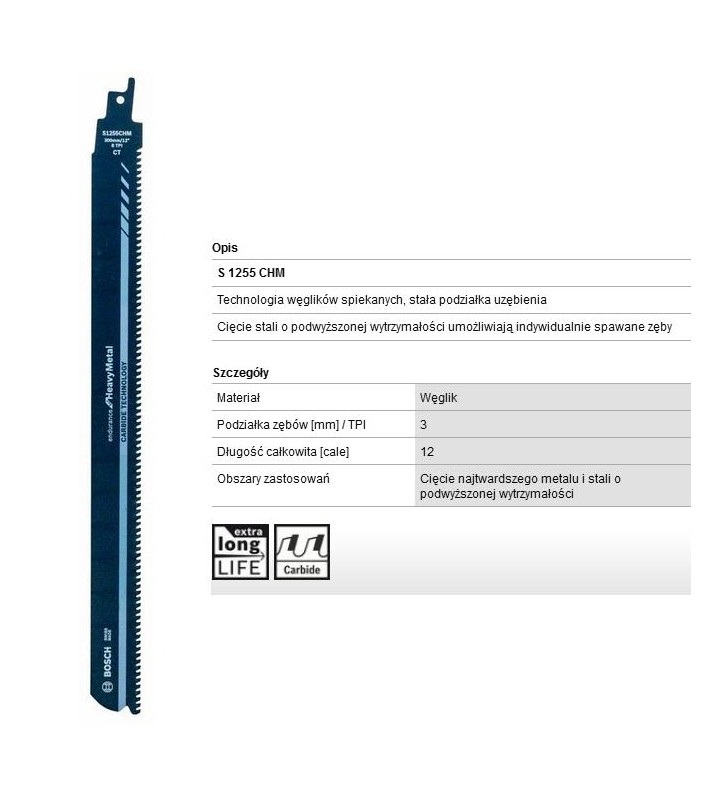 BOSCH BRZESZCZOT DO PIŁY SZABLASTEJ HEAVY METAL S1255CHM 300mm METAL, CARBIDE